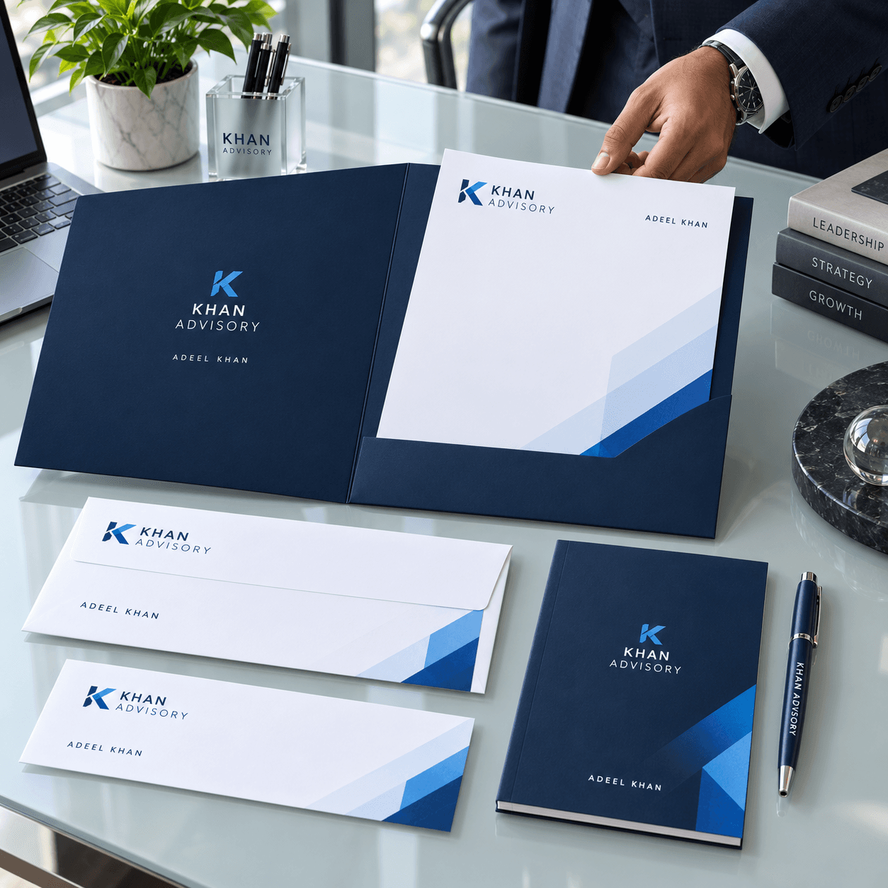 Corporate startup branding kit with presentation folder, letterhead, envelopes, and executive business cards